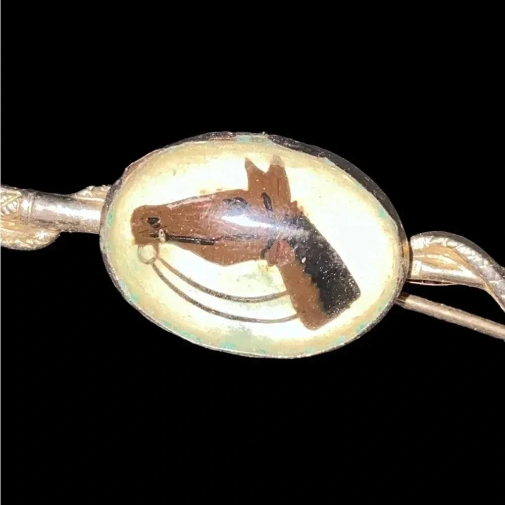 Vintage Reverse Painted Glass Horse Silver Tone Bar Brooch Essex ?